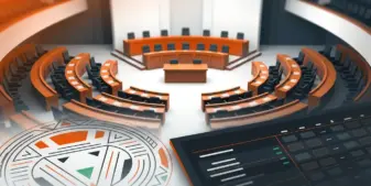 Legislative chamber and tribal gaming policy imagery representing the defeat of the CLARITY Act