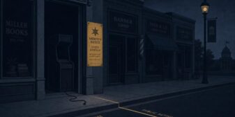 Editorial illustration of darkened storefronts with an unplugged machine silhouette and a notice plaque on the doorframe