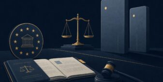 Editorial illustration of a regulatory seal, scales of justice and abstract platform shapes on a navy ground