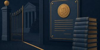 Editorial illustration of a regulatory notice plaque beside stacked ledgers, with a golden seal and a partially open gate on a navy ground