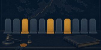 Illustration of eleven licence plaques on an official ledger desk, three highlighted in gold, on a navy ground