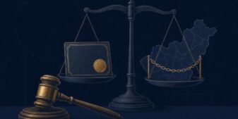 Editorial illustration of a gavel and balance scale weighing a license plaque against a state boundary line