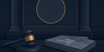 Editorial illustration of a federal courthouse seal, a gavel and legal documents on a navy background