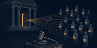 Illustration of a federal courthouse and a gavel on a ledger, with lines reaching toward figures tagged with plaques