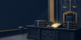 Stylised courtroom scene with stacks of sealed document folders on a judge's bench in a deep navy and gold editorial style