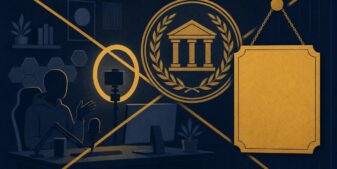 Editorial illustration of a streaming setup overlaid with a regulatory seal and prohibition boundary lines, symbolizing Finland's crackdown on illegal gambling marketing