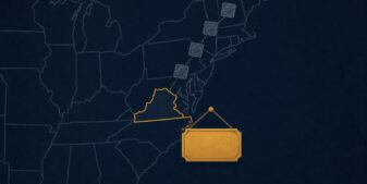 Illustration of a state boundary map with a gold licence plaque and a sequence of approval stamps