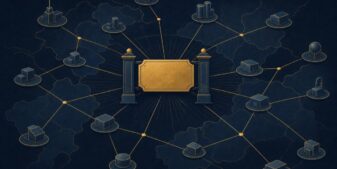 Editorial illustration of a network of connected nodes radiating from a central licence plaque on a navy ground