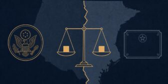 Editorial illustration of federal and state regulatory authority clashing over gambling rules, in flat navy and gold style