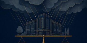 Editorial illustration of a venue building holding firm under stylized storm clouds and pressure lines